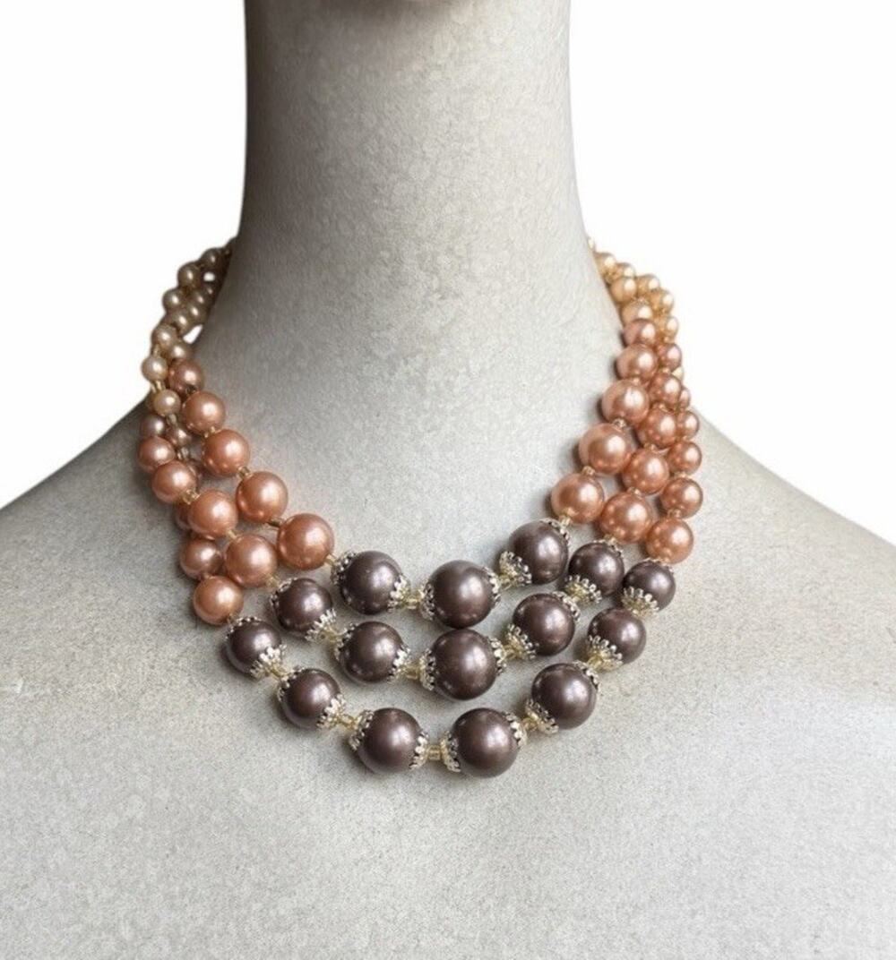 Vintage JAPAN Multi Strand Graduated Bead Necklace Brown Bronze Statement